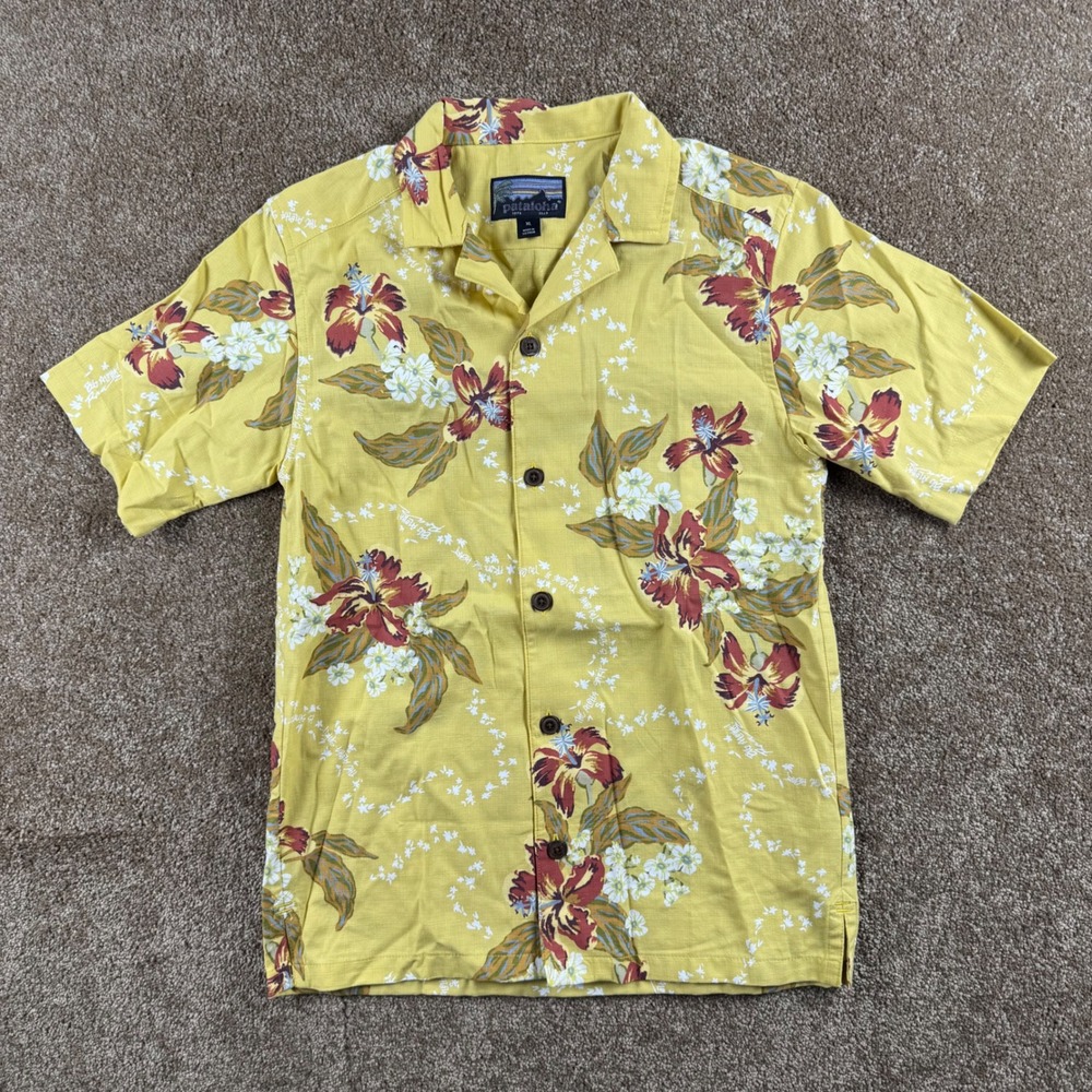 Patagonia Pataloha Kids XL Yellow Hibiscus Floral Organic Cotton Button Down
